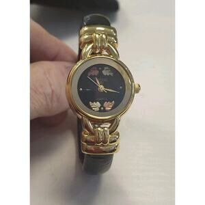 Black Hills Gold Watch 12K Gold Leave Design Black Cuff New Battery Hinged 6-7"